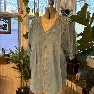Pearl-Embellished Light Blue Denim Button-Down Shirt